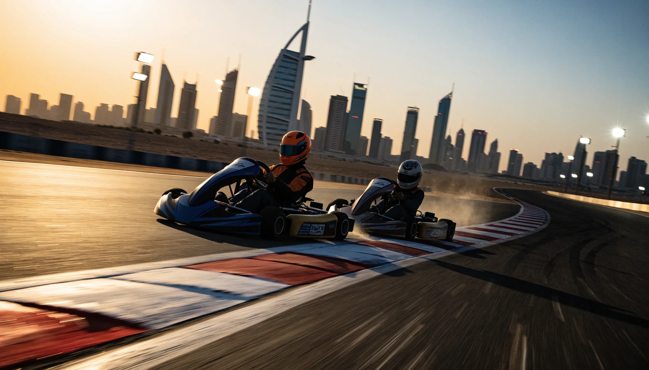 Karts racing at night on the outdoor circuit