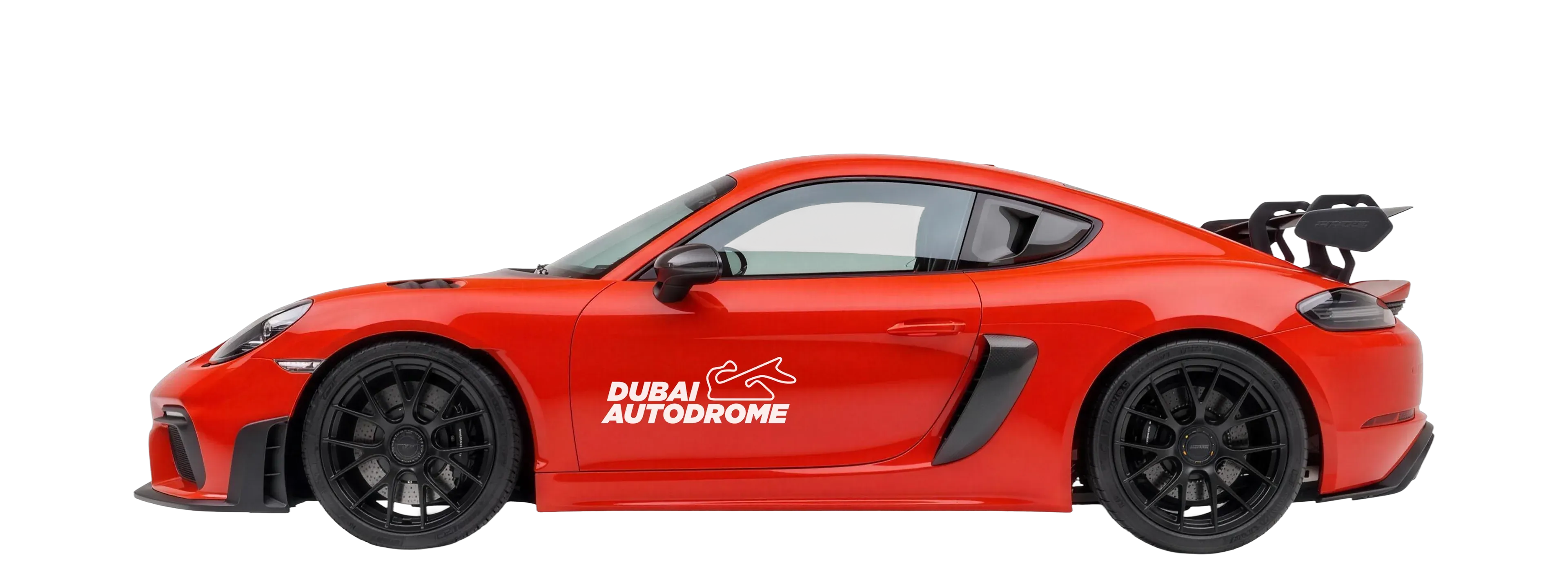 Porsche 718 Cayman GT4 RS in Dubai Autodrome livery, side view