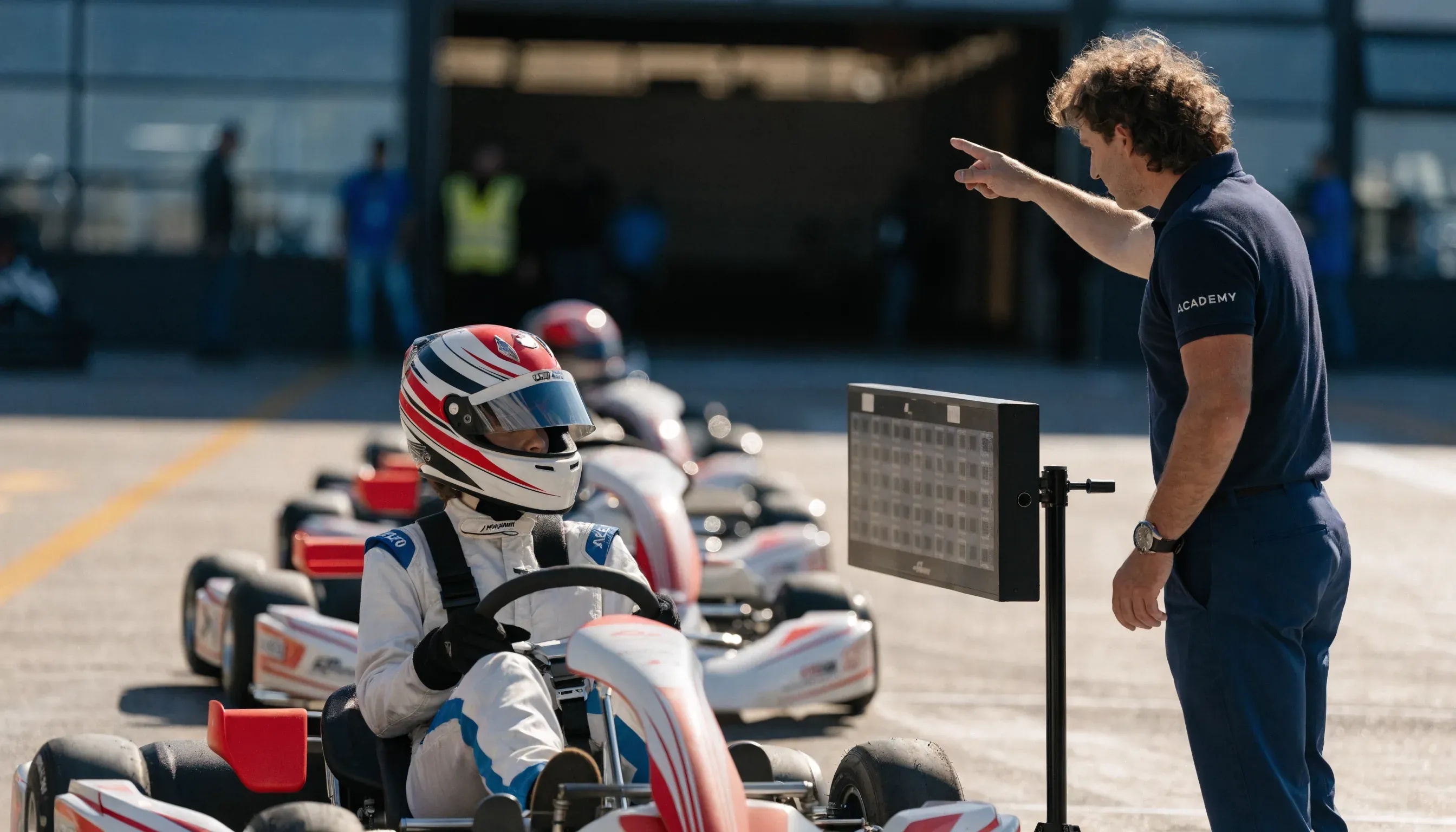 Karts lined up on the indoor circuit at the Dubai Kartdrome